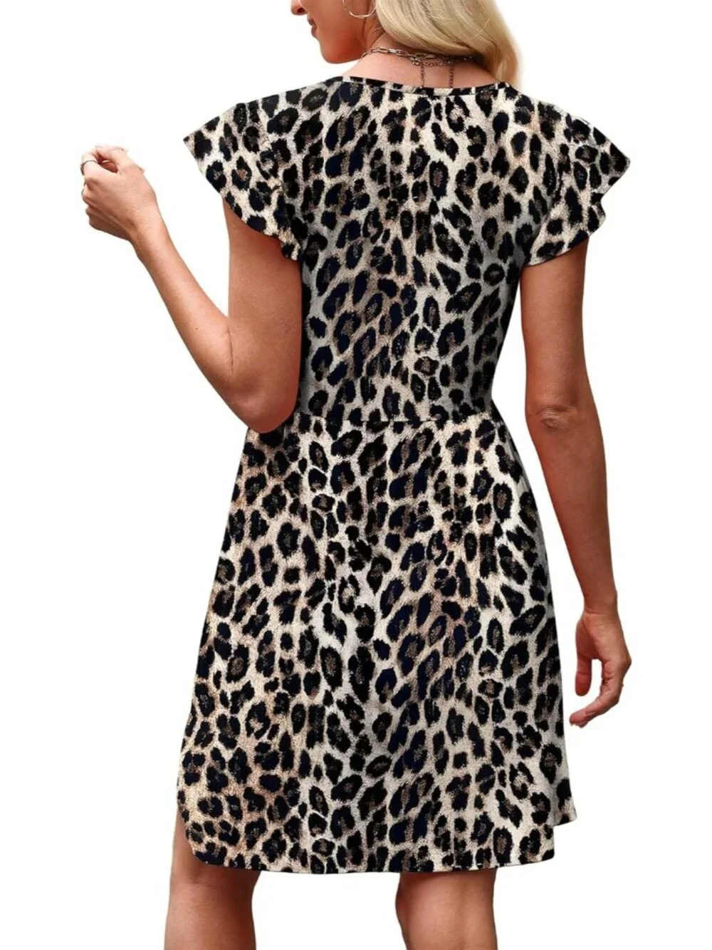 Women's Brown Leopard Ruffle Sleeve Baby Doll V Neck Imported Causal Dress